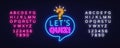 Lets quiz glowing bubble with font pack. Vector design includes speech shape, question mark and full alphabet set in Royalty Free Stock Photo