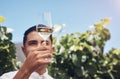 Lets see what I think of this. a handsome young man having a glass of wine on a vineyard. Royalty Free Stock Photo