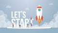 Lets start big words concept with team people and rocket startup launch business with team people and smoke with modern flat style