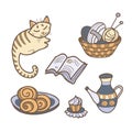 Lets stay home colorful poster. Cute doodles with cat, needlework, tea, book, sweets.