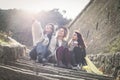 Lets take a group self portrait. Tree young women. Royalty Free Stock Photo