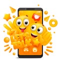 Lets talk sticker. Yellow cartoon couple of emoji characters. Smartphone application template