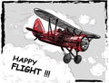 Lets travel concept vector illustration. Retro airplane poster. Old model plane is flying in the sky postcard Royalty Free Stock Photo