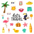Lets travel hand drawn quote with summer elements. Summer design with doodle flamingo, flowers, tropical fruit, toucan