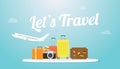 Lets travel or holiday poster concept with plane and luggage bag and big text or words with modern flat style - vector Royalty Free Stock Photo