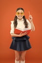 Lets write this idea. children literature. get information from book. happy school girl in uniform and party glasses