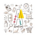 Letter A - Advertising, cute alphabet series in doodle style