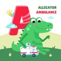 Letter A. Alphabet, card with cute cartoon style characters. Alligator and ambulance. ABC. Education for children Royalty Free Stock Photo