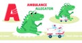 Letter A. Alphabet, card with cute cartoon style characters. Alligator and ambulance. ABC. Education for children Royalty Free Stock Photo