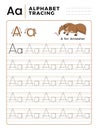 Letter A Alphabet Tracing Book with Example and Funny Anteater Cartoon. Preschool worksheet for practicing fine motor skill.