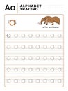 Letter A Alphabet Tracing Book with Example and Funny Anteater Cartoon. Preschool worksheet for practicing fine motor skill.