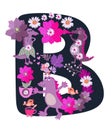 Letter `B`. Cute cartoon wild african animals, flowers and birds on black background. Royalty Free Stock Photo