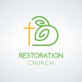 Letter B with leaves and cross church organization Logo design template, baptism and christian restoration symbol. Stock