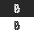 Letter B logo isometric lines geometric shape hipster monogram, simple linear typography black and white emblem, 3D black and