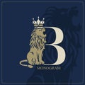 Letter B with Roaring Lion. Artistic Design. Crown is at the Top. Creative Logo with Royal Character. Luxury Style. Silhouette of