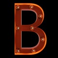 Letter B for sign with light bulbs. Front view illuminated capital symbol on black background. 3d illustration