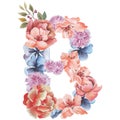 Letter B of watercolor flowers, isolated hand drawn on a white background, wedding design, english alphabet