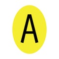 The letter A is black in color with a yellow ellipse frame