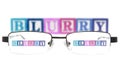 Letter blocks spelling blurry through a pair of glasses