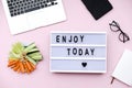 Letter Board Quote with laptop and healthy vegetable snack on p