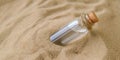 Letter in a bottle on the beach. Island lifestyle. Paper Message in a glass bottle with a cork on the sand. Note on Royalty Free Stock Photo