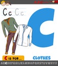 letter C from alphabet with cartoon clothes objects