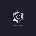 Letter C Alphabet logo design template. Initial Abjad Company Logo. Silver Metallic Luxury Decorative Floral Vector Design Concept