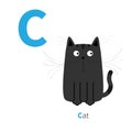 Letter C Cat black English abc with animals. Zoo alphabet. Education cards for kids White background Flat design Royalty Free Stock Photo