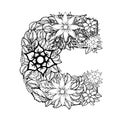 Letter C. Dudling drawing, mandala. Alphabet in the style of dudling, letters of the alphabet.