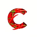 Letter C of English alphabet of hot red chili pepper and cut paper isolated on white. Font of spicy vegetables