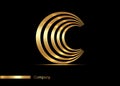 Letter C gold logo design. Vector graphic elegant golden font with sample text, luxury symbol alphabet striped letter C isolated