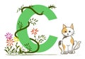 Letter C with green grass vines and cute cat