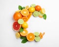 Letter C made with citrus fruits on white background as vitamin representation, top view Royalty Free Stock Photo