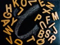 letter c written on cursive writing with all alphabet collection on chalkboard