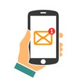 The letter came to the phone. Human hand holding smartphone - vector Royalty Free Stock Photo