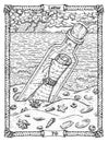 Letter card from the oracle Old Marine Lenormand deck with glass bottle and message. Nautical vintage background, coloring book