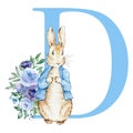 Letter D blue with watercolor cute rabbit with flowers