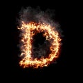 Letter D burning in fire with smoke, digital art isolated on black background, a letter from alphabet set