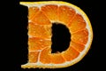 The letter D creatively shaped from slices of oranges against a black background