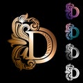 Letter D, decorated with vintage, elegant flowers and leaves with streaks