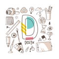 Letter D - Design, cute alphabet series in doodle style