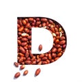 Letter D of English alphabet made of natural peanuts and paper cut isolated on white. Typeface of nuts. Healthy vitamins