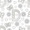 Letter D with flowers, leaves and butterflies. Seamless pattern. Coloring page. Vector illustration. Letter D with flowers,