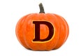 Letter D Halloween Font. Pumpkin with carved letter, 3D rendering