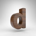 Letter D lowercase on white background. Dark oak 3D letter with brown wood texture.
