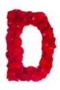 Letter D made from red petals rose on white