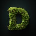 Letter D with moss. Large soft forest font. Green typographic symbol made of leaves.