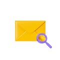 Letter 3d render - closed yellow envelope with magnifier glass isolated on white. New mail or message notification.