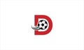 Letter D with soccer ball shot icon and football in flat vector minimalist logo design