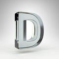 Letter D uppercase on white background. Camera lens transparent glass 3D letter with dispersion.